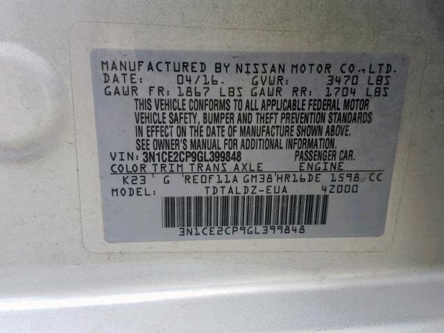 3N1CE2CP9GL399848 - 2016 NISSAN VERSA NOTE SILVER photo 10