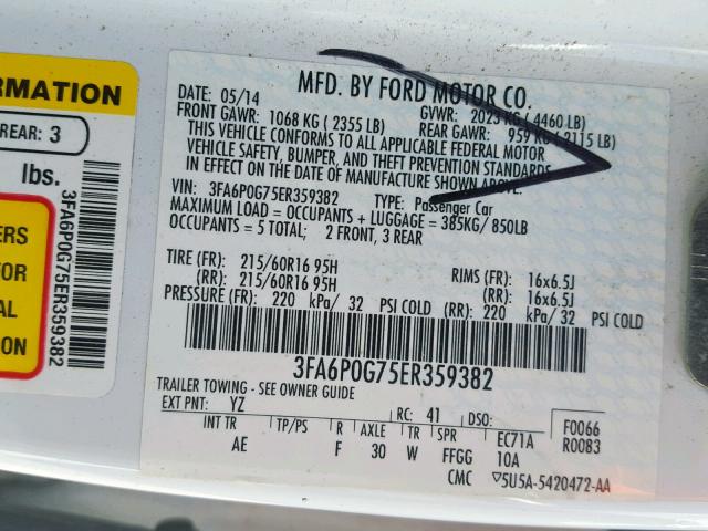 3FA6P0G75ER359382 - 2014 FORD FUSION S WHITE photo 10