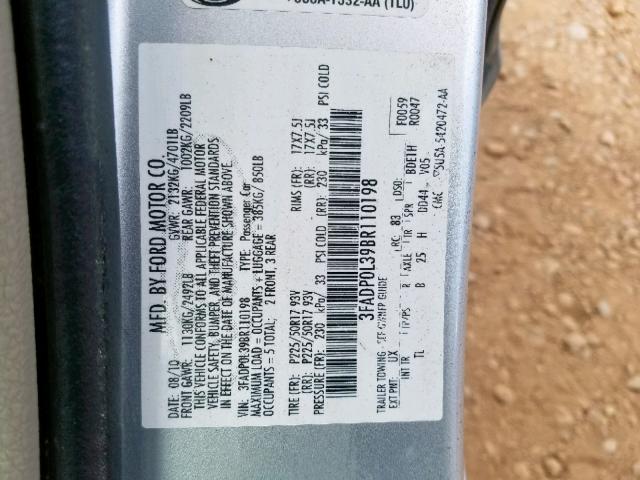 3FADP0L39BR110198 - 2011 FORD FUSION HYB SILVER photo 10