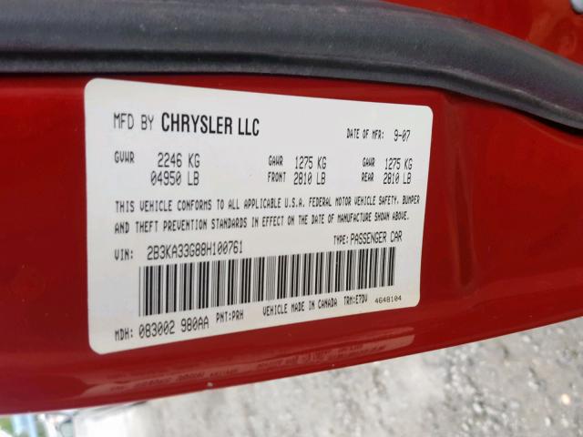 2B3KA33G88H100761 - 2008 DODGE CHARGER SX RED photo 10