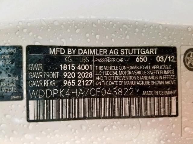 WDDPK4HA7CF043822 - 2012 MERCEDES-BENZ SLK 250 WHITE photo 10