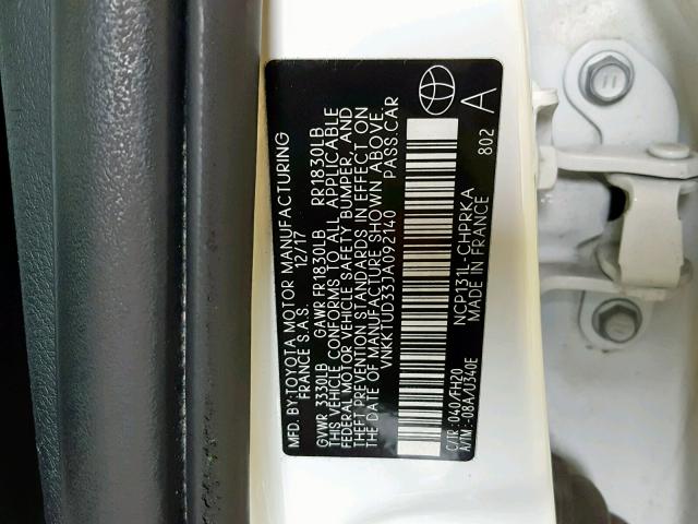 VNKKTUD33JA092140 - 2018 TOYOTA YARIS L WHITE photo 10