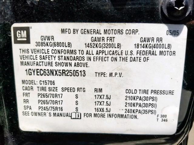 1GYEC63NX5R250513 - 2005 CADILLAC ESCALADE L BLACK photo 10