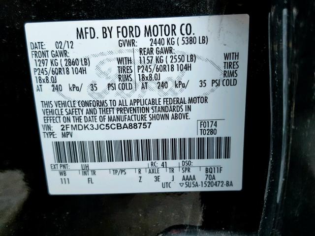 2FMDK3JC5CBA88757 - 2012 FORD EDGE SEL BLACK photo 10