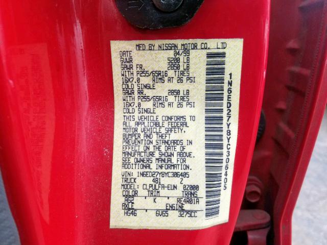 1N6ED27Y8YC306405 - 2000 NISSAN FRONTIER C RED photo 10