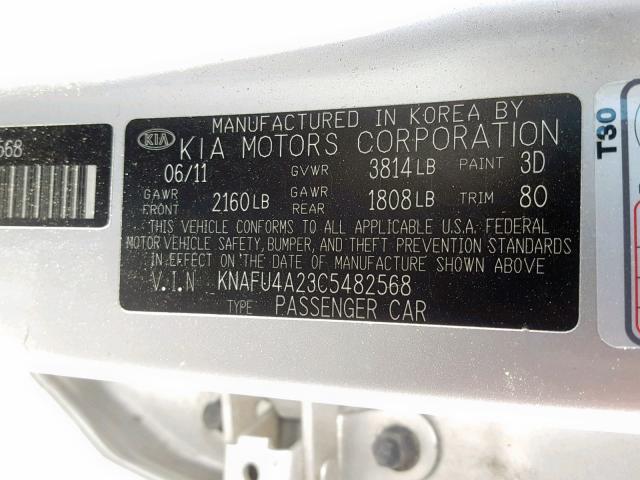 KNAFU4A23C5482568 - 2012 KIA FORTE EX SILVER photo 10