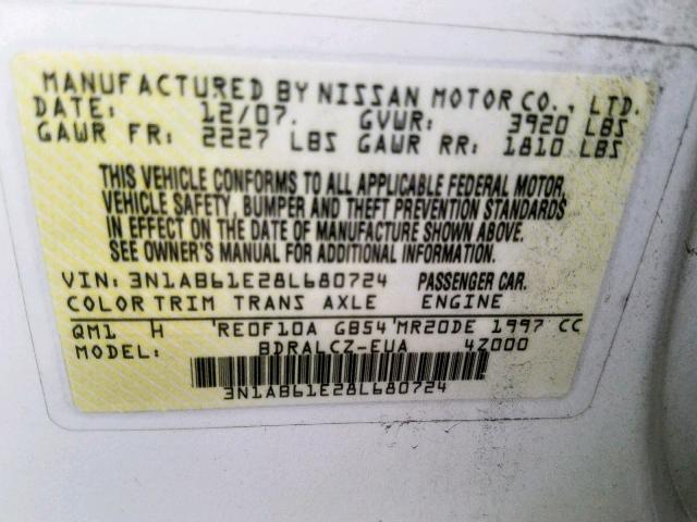 3N1AB61E28L680724 - 2008 NISSAN SENTRA 2.0 WHITE photo 10