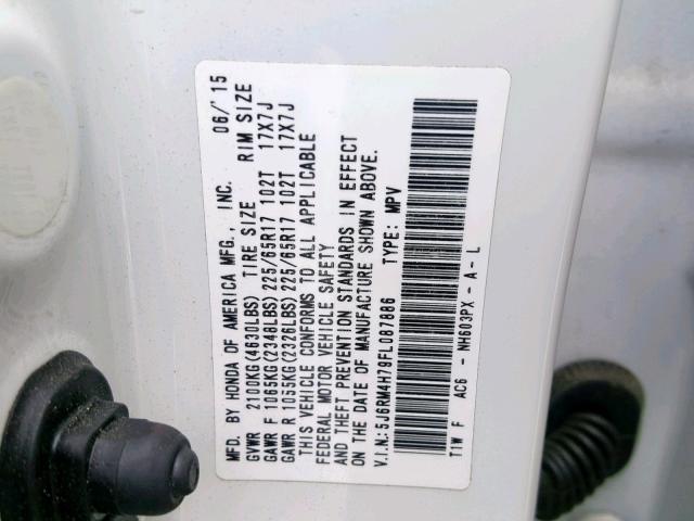 5J6RM4H79FL087886 - 2015 HONDA CR-V EXL WHITE photo 10