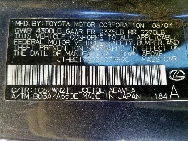 JTHBD192930079890 - 2003 LEXUS IS 300 GRAY photo 10