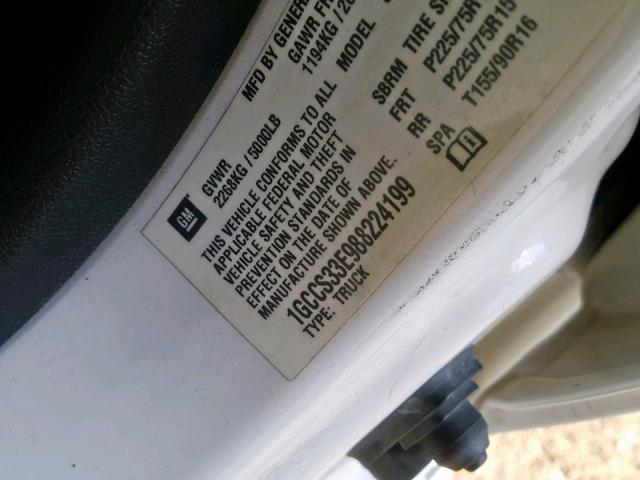 1GCCS33E988224199 - 2008 CHEVROLET COLORADO L WHITE photo 10