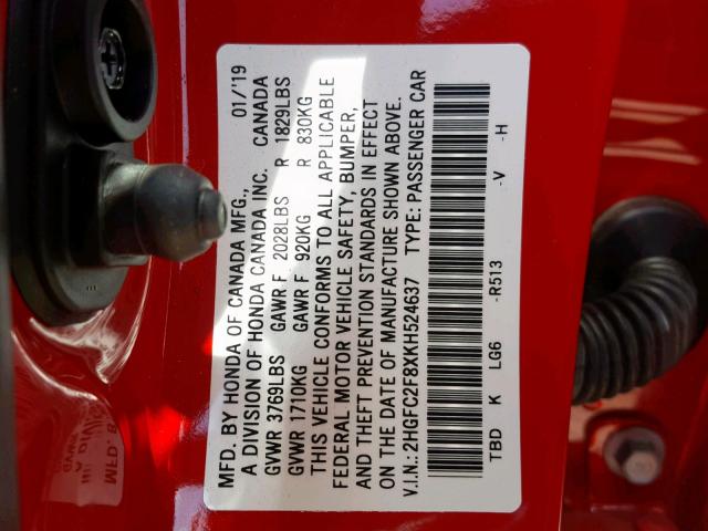 2HGFC2F8XKH524637 - 2019 HONDA CIVIC SPOR RED photo 10