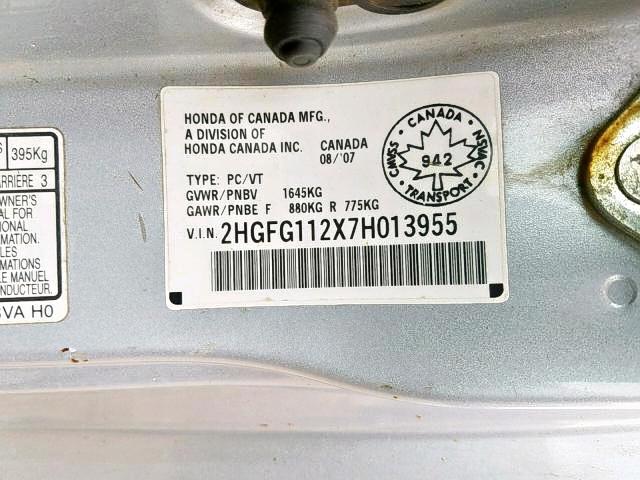 2HGFG112X7H013955 - 2007 HONDA CIVIC DX SILVER photo 9