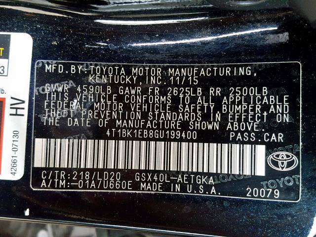 4T1BK1EB8GU199400 - 2016 TOYOTA AVALON XLE BLACK photo 10