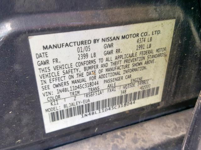 1N4BL11D45C318044 - 2005 NISSAN ALTIMA SE GRAY photo 10