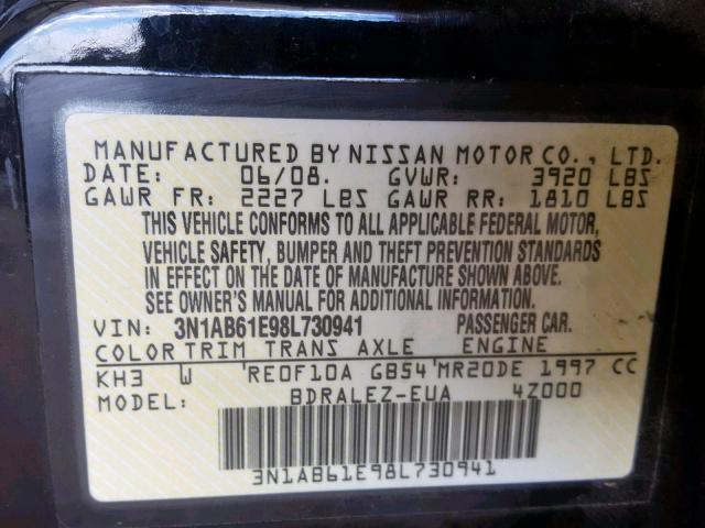 3N1AB61E98L730941 - 2008 NISSAN SENTRA 2.0 BLACK photo 10