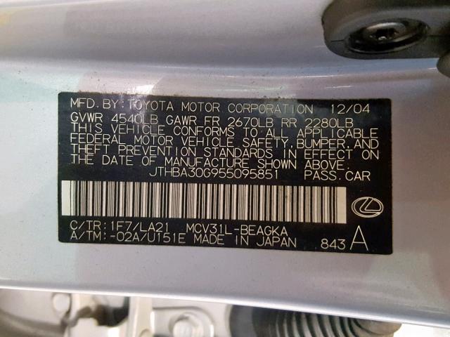 JTHBA30G955095851 - 2005 LEXUS ES 330 SILVER photo 10