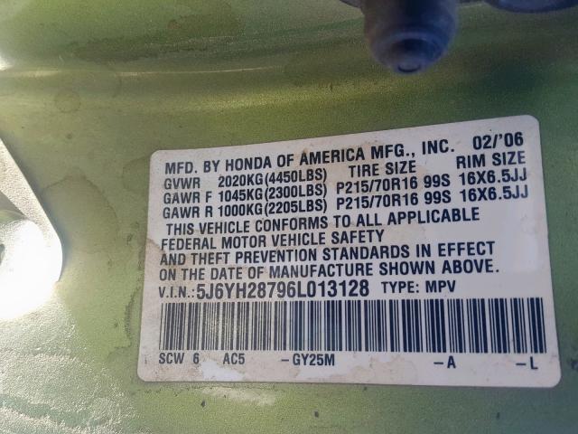 5J6YH28796L013128 - 2006 HONDA ELEMENT EX GREEN photo 10