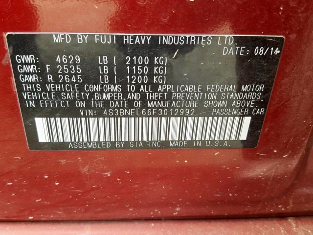 4S3BNEL66F3012992 - 2015 SUBARU LEGACY 3.6 MAROON photo 10