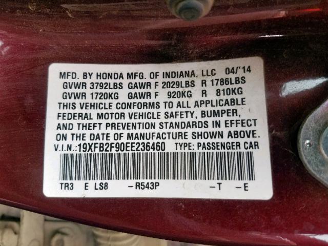 19XFB2F90EE236460 - 2014 HONDA CIVIC EXL 栗色 照片 10