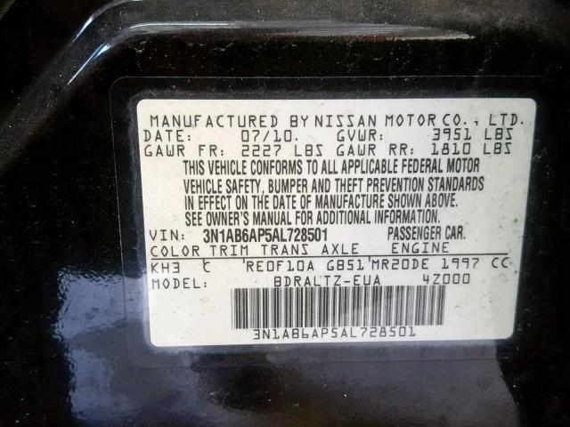 3N1AB6AP5AL728501 - 2010 NISSAN SENTRA 2.0 BLACK photo 10