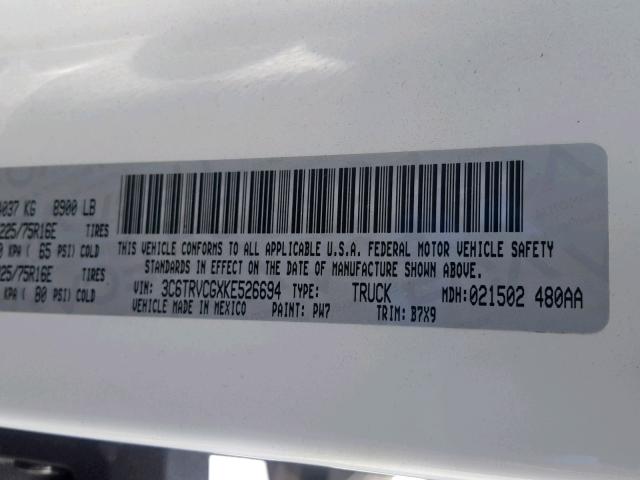 3C6TRVCGXKE526694 - 2019 RAM PROMASTER 白色 照片 10