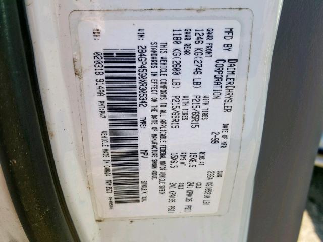 2B4GP45G0XR305342 - 1999 DODGE CARAVAN SE WHITE photo 10