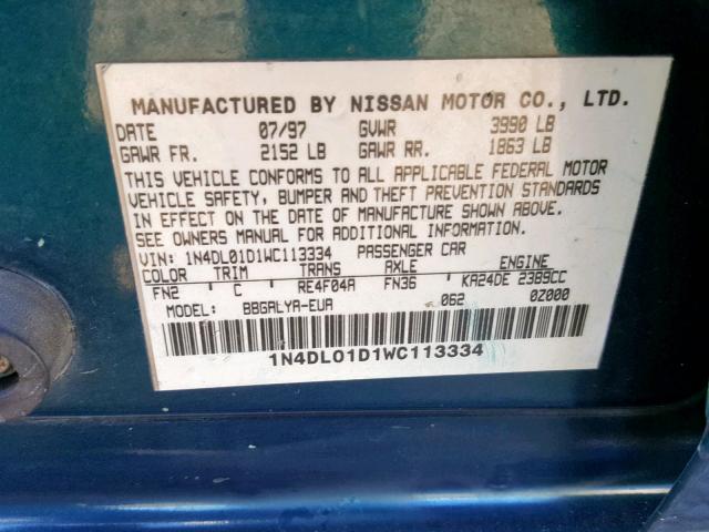 1N4DL01D1WC113334 - 1998 NISSAN ALTIMA XE TEAL photo 10