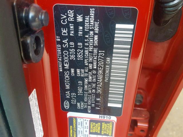 3KPA24AB9KE207731 - 2019 KIA RIO S RED photo 10