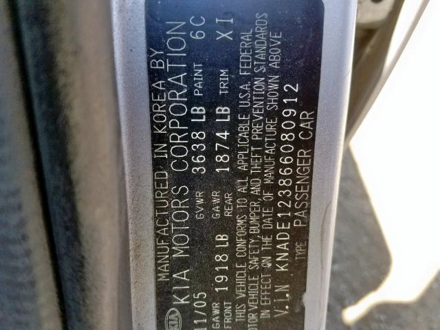 KNADE123866080912 - 2006 KIA RIO SILVER photo 10