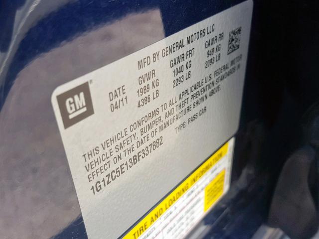 1G1ZC5E13BF337882 - 2011 CHEVROLET MALIBU 1LT 蓝色 照片 10