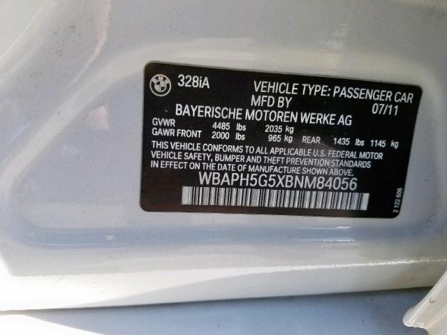 WBAPH5G5XBNM84056 - 2011 BMW 328 I SULE WHITE photo 10