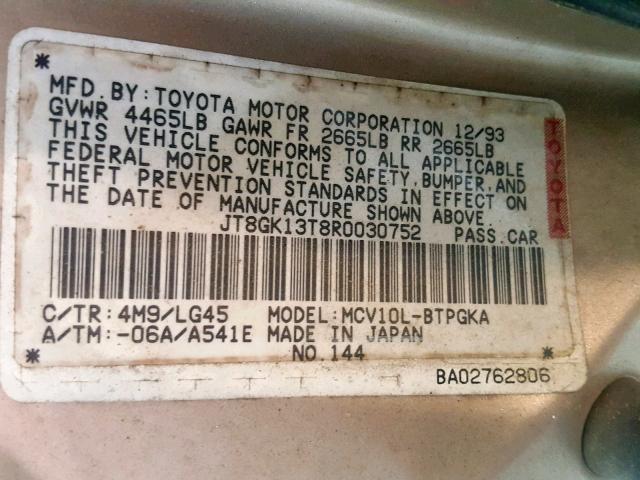 JT8GK13T8R0030752 - 1994 LEXUS ES 300 GOLD photo 10