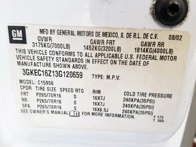 3GKEC16Z13G120659 - 2003 GMC YUKON XL C WHITE photo 10