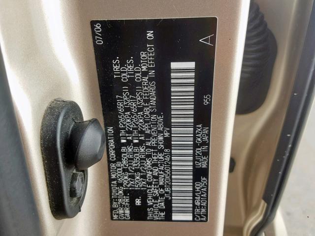 JTJBT20X560124618 - 2006 LEXUS GX 470 GOLD photo 10