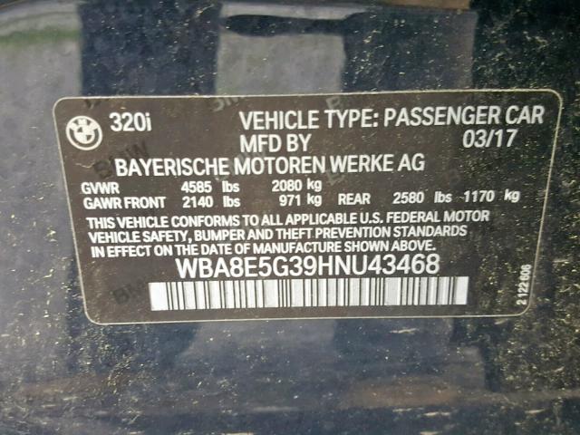 WBA8E5G39HNU43468 - 2017 BMW 320 XI BLUE photo 10