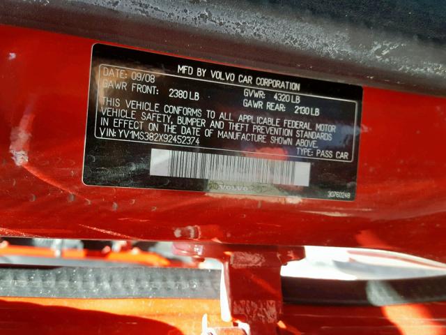 YV1MS382X92452374 - 2009 VOLVO S40 2.4I RED photo 10