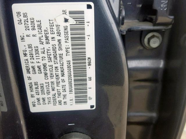 19UUA66206A048046 - 2006 ACURA 3.2TL GRAY photo 10