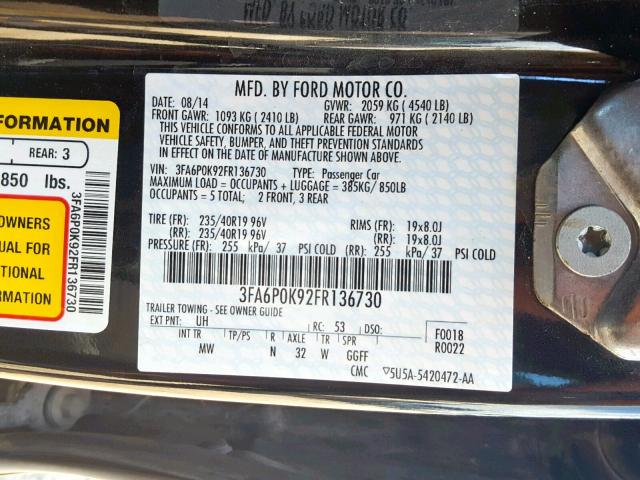 3FA6P0K92FR136730 - 2015 FORD FUSION TIT BLACK photo 10