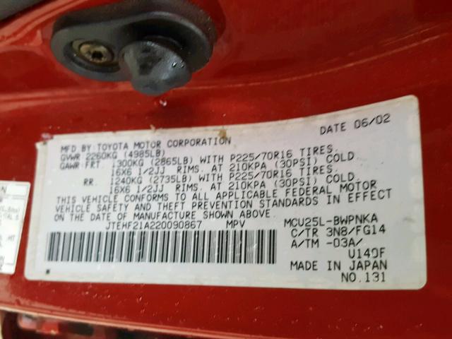 JTEHF21A220090867 - 2002 TOYOTA HIGHLANDER RED photo 10