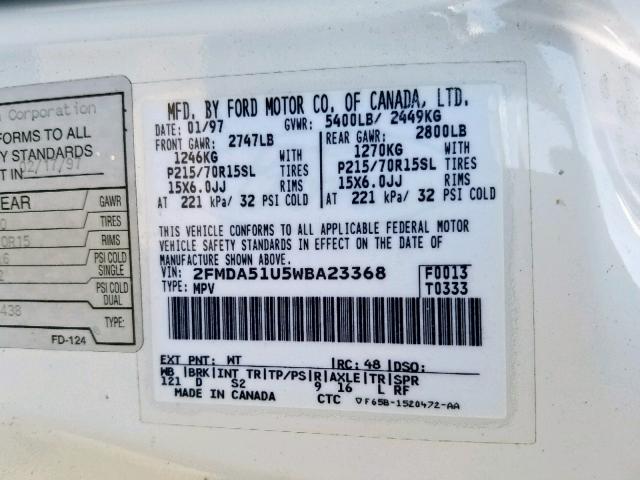 2FMDA51U5WBA23368 - 1998 FORD WINDSTAR W WHITE photo 10