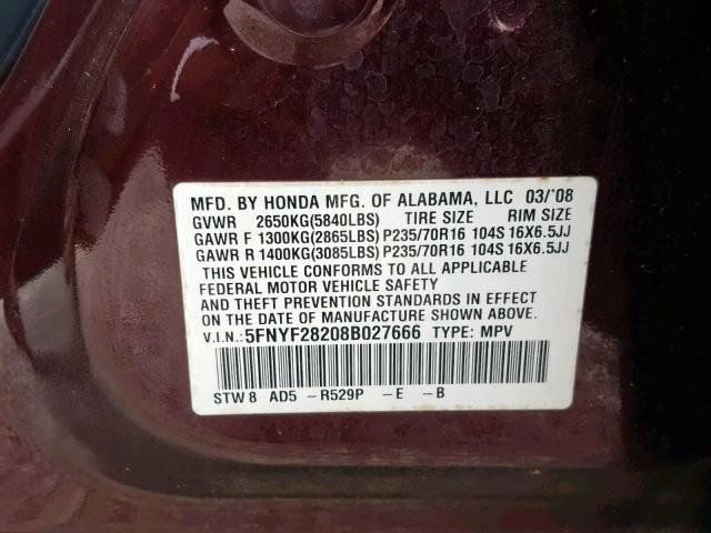 5FNYF28208B027666 - 2008 HONDA PILOT VP BURGUNDY photo 10