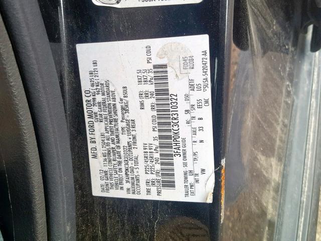 3FAHP0KC3CR310322 - 2012 FORD FUSION SPO BLACK photo 10