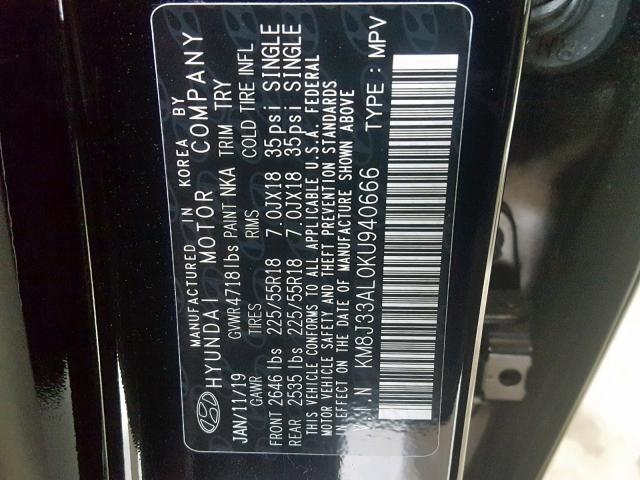 KM8J33AL0KU940666 - 2019 HYUNDAI TUCSON LIM BLACK photo 10