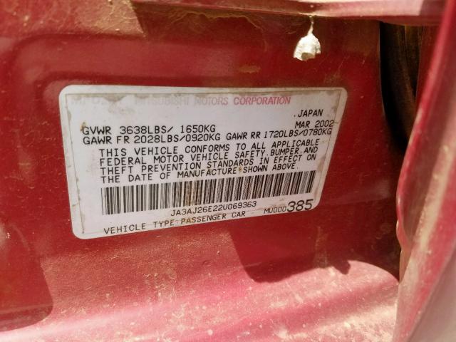 JA3AJ26E22U069363 - 2002 MITSUBISHI LANCER ES RED photo 10