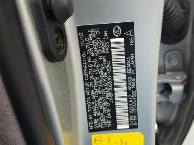 JTHBF30G830145280 - 2003 LEXUS ES 300 SILVER photo 10