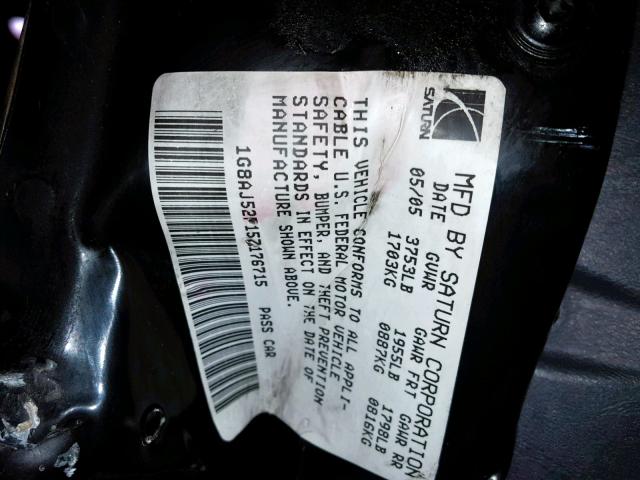 1G8AJ52F15Z176715 - 2005 SATURN ION LEVEL GRAY photo 10