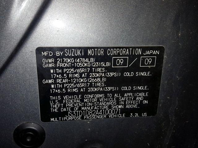 JS3TD1D82A4100071 - 2010 SUZUKI GRAND VITA GRAY photo 10