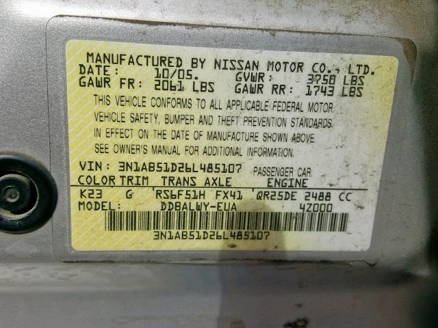 3N1AB51D26L485107 - 2006 NISSAN SENTRA SE- SILVER photo 10