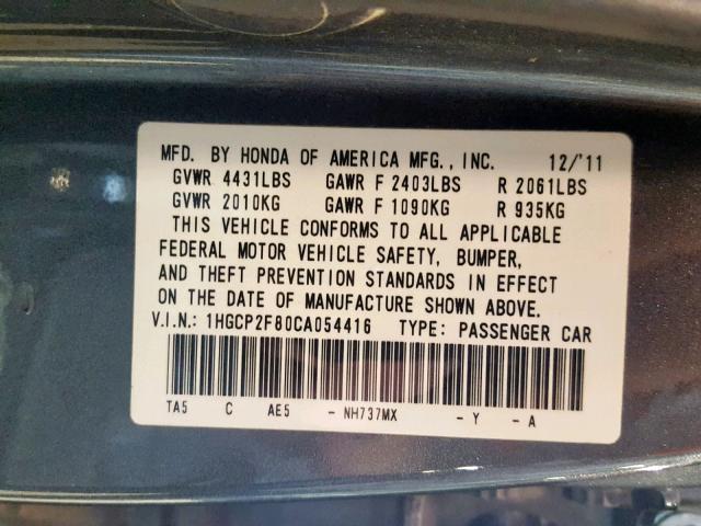 1HGCP2F80CA054416 - 2012 HONDA ACCORD EXL GRAY photo 10