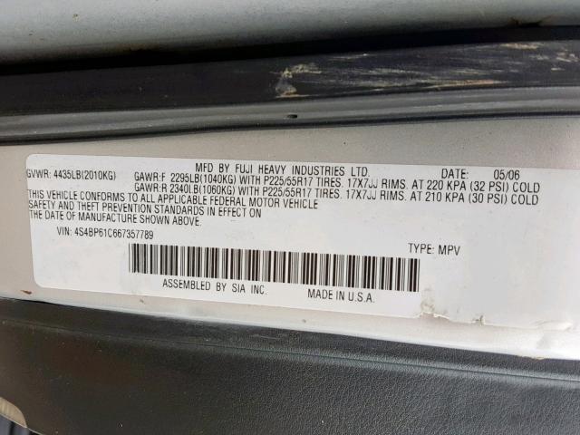 4S4BP61C667357789 - 2006 SUBARU LEGACY OUT SILVER photo 10